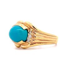 This modern statement ring is perfection...Not too big, not too small. Crafted in 14 karat yellow gold, this partial bezel set cocktail ring features a 2.92 carat cabochon cut turquoise stone accented by a six (6) diamonds with a total weight of .18 carats. Bright and bold, this ring is a stunning addition to any jewelry collection. Luxury Multi-stone Gold Turquoise Ring, Luxury Gold Turquoise Ring In Vintage Style, Diamond Cocktail Ring, Diamond Cocktail Rings, Metal Shop, Shop Engagement Rings, Cocktail Ring, Turquoise Stone, Cocktail Rings