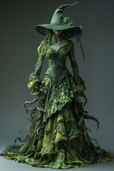 a woman in a green dress and hat with vines on her head, standing against a gray background