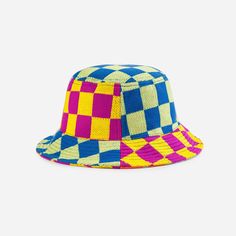 Mixed checkerboard jacquard knit bucket hat. Each hat is one of a kind – patchwork pattern placement may vary, but that's the fun of it. Details Body: 100% Acrylic Lining: 100% PolyesterMachine wash gentle, lay flat to reshape and dry8.5"w, 3.5"h, 2.25" brim