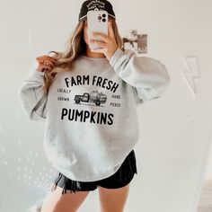 Farm Fresh Pumpkins Sweatshirt Sizes: small--3XL Unisex Fit Sweatshirt , Super Comfy True to Size Colors: MIilitary green, Ash Gray, White, Sand 🫧 C A R E I N S T R U C T I O N S:- Turn inside out- Wash only with like-colored garments- Wash cold on gentle cycle- Do not bleach-Tumble dry low- Do not iron on printed area ** R E FU N D S/ R E T U R N S :Should there be any issues with your item please contact me right away with photos, so I can better assist Fall Crew Tops With Letter Print, Fall Letter Print Crew Tops, Trendy Pre-shrunk Fall Sweatshirt, Crew Neck Top With Text Print For Fall, Fall Crew Neck T-shirt With Letter Print, Trendy Fall Crew Neck T-shirt, Soft-washed Crew Neck Top For Fall, Fall Crew T-shirt With Text Print, Fall Crew Neck T-shirt With Text Print