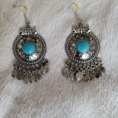 Silver Medallion Earrings With Blue Stone Paparazzi Post Back Lead And Nickel Free Blue Metal Dangle Hoop Earrings, Blue Bohemian Metal Earrings, Bohemian Blue Metal Earrings, Nickel-free Blue Hoop Earrings For Festivals, Blue Metal Earrings For Festivals, Nickel-free Blue Earrings For Festival, Blue Bohemian Plug Earrings For Pierced Ears, Blue Drop Earrings For Festival, Blue Pierced Earrings For Festival