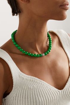 Lauren Rubinski's jewelry is created with the intention of being stacked and layered with existing pieces in your collection. Handmade in Italy, this necklace is strung with polished green enamel beads and a diamond-encrusted 14-karat white gold one at its center. The clasp fastening is subtly etched with the designer's initials. Formal Fine Jewelry Jade Necklace, Green Single Strand Necklace For Formal Occasions, Elegant Green Single Strand Necklace, Fine Jewelry Jade With 17 Jewels, Fine Jewelry Round Polished Beads Necklace, Fine Jewelry Necklaces With Round Natural Stones, Fine Jewelry Necklaces With Polished Beads, Elegant Hand-strung Sterling Silver Necklaces, Elegant Hand-strung Rondelle Necklaces