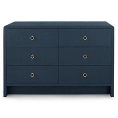 a blue chest of drawers with gold handles and knobs on the front, against a white background