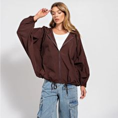 Nwt Easel Parachute Hoodie Wind Breaker Brown Jacket -Batwing/Dolman Sleeves -Drawstring At Hood And Bottom -Relaxed And Loose Fit -Zip Up Front -100% Polyester Fall Windbreaker With Drawstring Hood And Long Sleeves, Fall Windbreaker With Double-lined Hood, Brown Long Sleeve Windbreaker For Fall, Brown Fall Windbreaker, Fall Hooded Jacket With Drawstring, Fall Windbreaker With Detachable Hood, Fall Hoodie With Detachable Hood, Brown Long Sleeve Windbreaker With Detachable Hood, Trendy Hooded Jacket With Detachable Hood For Fall