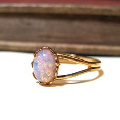 Vintage Pink Harlequin Opal Ring - WWII Era - Lace / Scalloped Setting - Gold Plated - Adjustable Vintage Opal Ring As A Gift, Vintage Opal Jewelry For Anniversary, Vintage Opal Ring Gift, Vintage Gold Opal Jewelry, Vintage Opal Rings In Yellow Gold, Vintage Opal Ring For Anniversary, Vintage Opal Anniversary Ring, Antique Style Round Opal Ring, Vintage Gold Opal Ring Gift