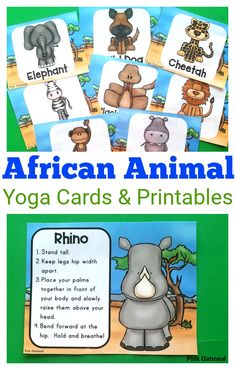 the african animals yoga cards and printables are on display in front of a green background