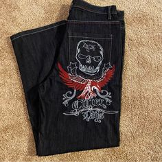 Nwot Skull & Eagle Embroidered Street Wear Wide Leg Denim Jeans Size 34 Mens Street Wear, Affliction Clothing, Chicano Style, Y2k Skull, Young Mens Fashion, Wide Leg Denim Jeans, Emo Stuff, Diy Jeans, Guys Clothing Styles