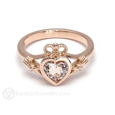 Morganite Claddagh Ring 14K or 18K Irish Promise Ring - Rare Earth Jewelry Earth Jewelry, Moissanite Engagement Ring White Gold, 2nd Wedding, Rose Gold Ring Set, Diamond Eternity Wedding Band, Gold Anniversary Rings, Vintage Engagement Rings Unique, Claddagh Ring, Hammered Hoop Earrings