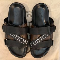 Comes With A Lv Box Never Worn Dm A Reasonable Price-No Low Balls (This Is The Same Listing As The One That Is Marked As “Sold”, That Order Was Cancelled And Posh Won’t Remove It) Luxury Leather Sandals With Leather Trim, Luxury Leather Sole Slides With Round Toe, Luxury Slides With Leather Sole And Round Toe, Luxury Slides With Removable Insole, Luxury Slides With Round Toe Leather Sole, Luxury Brown Slides, Luxury Brown Slides With Leather Sole, Designer Open Toe Sandals With Leather Trim, Designer Brown Slides With Cushioned Footbed