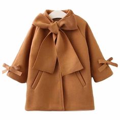 Girls Overcoat Woollen Bowknot - Momorii Cartoon Coat, Drawstring Coat