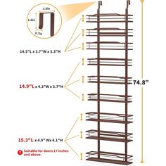 a tall metal rack with multiple shelves and measurements for the width of each shelf in front of