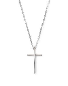 A graceful, classic cross pendant necklace crafted in 14K white gold. White Gold Polished Cross Necklace, Polished Cross Necklace For Formal Occasions, Formal Polished Cross Necklace, Elegant Sterling Silver Cross Necklace With Polished Finish, Sterling Silver Cross Pendant Necklace, Classic Cross Pendant Necklace With Polished Finish, Classic White Gold Cross Necklace, Formal Polished Cross Pendant Necklace, Classic Polished Crucifix Cross Necklace