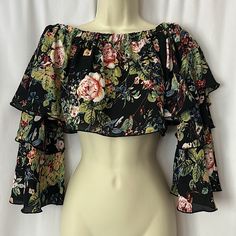 Sexy Nwt Love Lf Black Floral Ruffled 3/4 Bell Sleeves Crop Top Shirt. Size S. This Top Is Unbelievably Sexy, Don’t Miss Out! **Comes From A Clean, Smoke Free Home** Fitted Floral Print Top With 3/4 Sleeves, Long Sleeve Ruffles Crop Top For Party, Trendy Black Blouse With 3/4 Sleeves, Feminine Tops With Ruffles And 3/4 Sleeves, Feminine Ruffled Tops With 3/4 Sleeves, Long Sleeve Ruffled Crop Top, Stretch Long Sleeve Crop Top With Ruffles, Stretch Ruffled Long Sleeve Crop Top, Flirty Black Crop Top For Spring