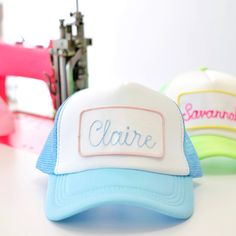 Customize this one size fits all foam trucker hat. Adjustable snap back closure. *Text placement will fit directly inside patch. Personalizer is not exact Light Blue Trucker Hat, Trucker Hat Embroidery Ideas, Bach Trucker Hats, Trucker Hats Bachelorette, Preppy Trucker Hat, Customizable Trucker Hat, Vinyl Trucker Hats, Wedding Trucker Hats, Embroidered Trucker Hat