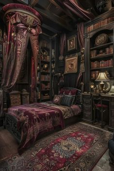 a bed room with a neatly made bed next to a book shelf filled with books