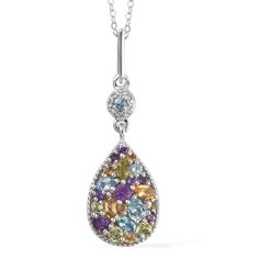 Stunning Multi Gemstone Drop Pendant On A 20 Inch Necklace Set In Platinum Over Sterling Silver, Approximately 2.50 Ctw. A Fancy Multi-Gemstone Cluster Pendant Necklace Embellished With Both Marquise And Round-Shaped Multi-Color Gemstones Looks Blissful. This Pendant Features A Pear-Shaped Frame With A Milgrain Border. The Sleek Bail And Pear-Drop Pendant Feature A Round Shape Charm With Striking Blue Hued Gemstones. Crafted In Platinum Over Sterling Silver, This 20 Inch Matinee-Length Fine Spec Sterling Silver Necklace With Stones - Fine Jewelry, Macy's Sterling Silver Jewelry With Gemstones, Blue Multi-stone Necklaces For Anniversary, Silver Teardrop Gemstone Birthstone Necklace, Teardrop Gemstone Accent Necklace For Anniversary, Sterling Silver Teardrop Gemstones With Accents, White Gold Teardrop Pendant Necklace With Gemstone, Macy's Sterling Silver Teardrop Jewelry, Macy's Silver Gemstone Jewelry