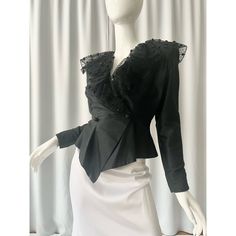 "Fitted silk blazer with a polka dot tulle ruffled collar. Double breasted with subtle pleating.  Made in Canada by Stefania Gracile. Marked size 6 fits S/M Chest 17.5\" Waist 14\" Sleeve 2.5\" Shoulder 16\" Length 24.5\" Nice condition; may show some signs of wear." Spring Party Blazer With Ruffles, Tailored Long Sleeve Ruffled Blazer, Tailored Long Sleeve Blazer With Ruffles, Chic Tailored Ruffle Blazer, Chic Tailored Blazer With Ruffles, Chic Ruffled Blazer For Office, Chic Evening Blazer With Ruffles, Fitted Blazer With Ruffles For Spring, Ruffled Blazer For Formal Occasions