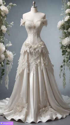 a white wedding dress with flowers on it