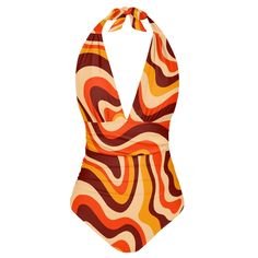 * Retro Swimsuit: Groovy 70s-inspired swimsuit with a vibrant abstract orange and brown stripe pattern. * Orange Stripe Halter Swimsuit: Features a deep V-neckline and a halter style top with an exposed back. * Vintage Style Swimsuit: Made from polyester and spandex for a comfortable and flattering fit. * Tummy Control: Ruched waistline enhances your shape and provides support. * Unique Swimsuit Find: Perfect for bringing back the disco era with a fun and distinctive design. Designed in California by Trendy Hip Buys. Made to order from overseas.  *Care Instruction: machine wash cold with similar colors, do not bleach, tumble dry low, do not iron, do not dry clean. Beachwear Swimwear With Retro Print For Poolside, Retro Print Swimwear For Beach Season, Retro Print Beachwear Swimwear For Poolside, Retro Print Beachwear Swimwear For Vacation, Retro Multicolor Printed Swimwear, Brown Halter Neck Swimwear For Summer, Retro Orange Swimwear For The Beach, Summer Beach Swimwear With Retro Print, Retro Print Swimwear For Summer Beach