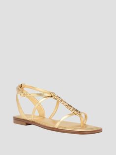 A high-style option for your next warm-weather occasion, these sandals feature an open square toe with T-strap vamp topped off by a G-link chain for an eye-catching detail. Ankle strap with buckle closure. Elegant Summer Sandals With Chain Strap, Gold Open Toe T-strap Sandals With Buckle Closure, Gold Open Toe T-strap Sandals With Buckle, Gold Open Toe Luxury T-strap Sandals, Summer Sandals With Gold-tone Hardware And Ankle Strap, Summer Sandals With Ankle Strap And Gold-tone Hardware, Gold Luxury Open Toe T-strap Sandals, Luxury Gold T-strap Sandals With Open Toe, Summer Ankle Strap Sandals With Gold-tone Hardware