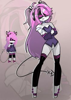 a drawing of a girl with pink hair and cat ears standing next to another character