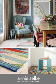 a collage of photos with chairs and rugs in different colors, including blue