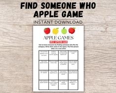 an apple game with the words find someone who apple game is on top of it