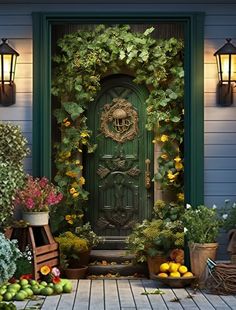 a green door surrounded by plants and fruit