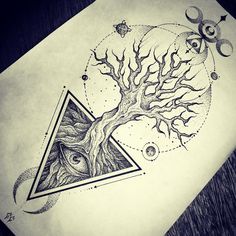 a drawing of a tree with an upside down triangle in the middle and stars around it