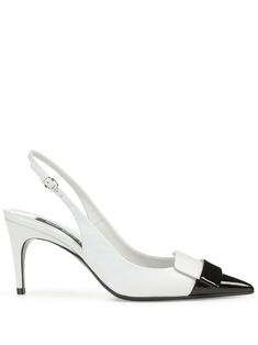 white/black leather patent finish buckle-fastening slingback strap pointed toe branded leather insole 75mm stiletto heel Modern White Slingback Pumps With 4-inch Heel, White Slingback Pumps With Sculpted Heel, White Ankle Strap Heels For Work, Patent Leather Slingback Pumps With Contrasting Heel, White Calf Leather Heels With Deep Heel Cup, White Heels With Heel Strap For Work, Classic High Heel Slingback Pumps With Contrasting Counter, Classic Slingback Pumps With Contrasting Heel, Luxury Calf Leather Slingback Pumps With Contrasting Heel