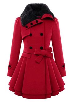 Solid Fur Collar Coat with Belt - Fairyseason #affiliate Women's Windbreaker, Fur Collar Coat, Middle Age Fashion, Wool Coat Women, Wool Trench Coat, Collared Coat, Long Sleeves Coats, Belted Coat, Red Coat