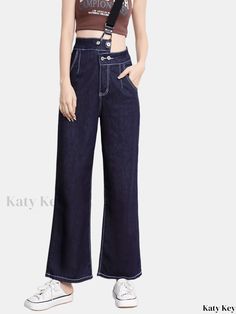 Katykey - Womens Asymmetrical Waist Denim Jeans with Shoulder Straps, High Waist Loose Fit Straight Pants - Fashionable Clothing for a Casual Look Versatile High Rise Summer Flare Jeans, Versatile High-rise Flare Jeans For Summer, Versatile High Rise Wide Leg Pants For Summer, High Waist Versatile Flare Jeans For Summer, Versatile High Waist Flare Jeans For Summer, Chic Baggy Dark Wash Bottoms, Summer High Waist Flare Jeans, Versatile Baggy Jeans For Spring, Dark Wash High-waist Wide Leg Pants