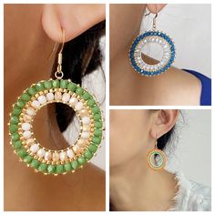 three pictures of earrings with different colors and designs on the front, side, and back