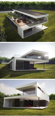 three different views of a modern house in the middle of some green grass and trees