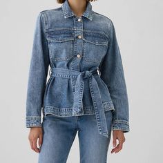 Meet The Softest Denim In The Universe. Made With An Exclusive New Tencel Blend And A Lightweight, Drapey Feel. Supersoft Denim Jacket. Point Collar, Button Front. Long Sleeves. Patch Pockets At Chest. Tie Belt At Waist. Gap Relaxed Fit Outerwear For Work, Gap Relaxed Fit Outerwear For Spring, Gap Spring Outerwear Relaxed Fit, Gap Relaxed Fit Spring Outerwear, Spring Outerwear By Gap With Relaxed Fit, Gap Denim Jacket With Pockets For Fall, Gap Relaxed Fit Long Sleeve Denim Jacket, Gap Relaxed Fit Denim Jacket For Spring, Gap Spring Denim Jacket With Pockets