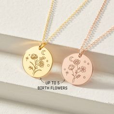 "Made as a family necklace, the flowers on the disc always share the same roots and grow together. This disc can be customized with 1 flower all the way up to 5 flowers to represent those you love. ► PRODUCT INFORMATION * Material: High Quality Solid 925 Sterling Silver * Finishing: Silver, Gold or Rose Gold. * Disc pendant measures approx. 3/4\" (19.5mm) * Up to 5 birth flowers * By default, silver items come with BLACK engraving and gold-plated item comes with CLEAR engraving. * All of our jew Personalized Birth Flower Medallion Necklace, Mother's Day Jewelry With Birth Flower Medallion, Birth Flower Round Disc Necklace For Anniversary, Mother's Day Medallion Jewelry With Birth Flower, Medallion Birth Flower Necklace For Mother's Day, Mother's Day Birth Flower Medallion Jewelry, Medallion Necklace With Birth Flower For Mother's Day, Anniversary Birth Flower Round Disc Necklace, Nature-inspired Birth Flower Round Pendant Necklace