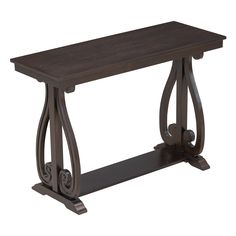 a wooden table with metal legs and an iron frame on the top, against a white background