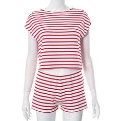 Style: Sexy Fit: Slim Fabric: Polyester Pattern: Stripe Element: Non Neckline: Crew Neck Sleeve Type: Regular Sleeve Length: Short Sleeve Rise: High Rise Main Composition: Polyester Top Length (Set): Crop Short Length (Set): Short Season: Summer Casual Striped Short Tops, Red Short-sleeved Summer Tops, Red Short Tops For Summer, Red Short Tops For The Beach, Red Short Tops For Beach, Red Short Summer Tops, Short Red Beach Tops, Short Red Summer Tops, Short Length Red Cotton Tops