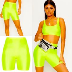 Pretty Little Thing Yellow Neon Bike Shorts Never Worn No Tag Work Brights Into Your Festival Look With These Bike Shorts. Featuring A Yellow Neon Fabric With A Figure Flattering Fit, Style With The Matching Crop Top And Complete The Look With A Bum Bag And Retro Shades, Size: 4 Stretch Activewear For Summer Cycling, Summer Athleisure Fitted Biker Shorts, Fitted Athleisure Biker Shorts For Summer, Sportswear High-waisted Shorts For Summer, Fitted Summer Workout Biker Shorts, Fitted Biker Shorts For Summer Workout, Green High-waisted Biker Shorts For Gym, High-waisted Green Biker Shorts For Gym, High Waist Summer Activewear