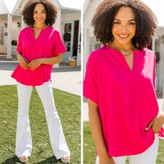 This top is so classic and chic! It's simple and comfy fit make it so easy to style for work or play! THIS is why you are going to want this top in your wardrobe! This top features short sleeves, a v-neck, and generous fit. Material has a generous amount of stretch. Leanora is wearing the small. Actual product colors may vary from images shown due to different viewing devices and lighting. Chic V-neck Short Sleeve Top For Spring, Chic Relaxed Fit V-neck Top, Chic Short Sleeve V-neck Top For Spring, Chic V-neck Short Sleeve Top For Day Out, Spring V-neck Short Sleeve Top For Day Out, Spring Short Sleeve V-neck Top For Day Out, Versatile V-neck Top For Day Out, Casual Spring V-neck Top With Short Sleeves, Trendy V-neck Short Sleeve Top For Day Out