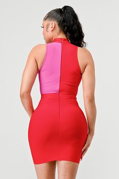 Two Tone Contrast Mini Bandage Dress Experience the ultimate blend of style and sophistication with our Two Tone Contrast Mini Bandage Dress. This dress is the epitome of luxury, crafted with the finest materials and designed with a keen eye for detail. With its contrasting tones and flawless silhouette, this dress will make you stand out in any crowd. Perfect for any special occasion, it's a must-have piece that exudes elegance and exclusivity. Halter neckline Sleeveless design Mesh detail in f Pink Mini Bodycon Bandage Dress, Pink Bodycon Mini Bandage Dress, Pink Mini Bandage Dress For Summer, Spring Pink Bodycon Bandage Dress, Pink Mini Length Bodycon Bandage Dress, Pink Mini-length Bodycon Bandage Dress, Pink Bodycon Bandage Dress For Spring, Pink Fitted Sleeveless Bandage Dress, Pink Sleeveless Bodycon Bandage Dress