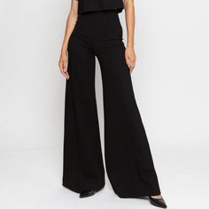 Black Ponte Knit Wide Leg Pant Elegant Wide-leg Pants With 4-way Stretch, Elegant High-waisted Stretch Pants, Elegant High-waisted 4-way Stretch Pants, Chic Straight Pants With 4-way Stretch, Modern Wide-leg Evening Pants, Modern Wide Leg Pants For Evening, Elegant High Waist Wide Leg Elastane Pants, Modern Stretch Pants For Party, Chic Evening Pants In Elastane