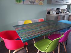 colorful chairs sit around a wooden table in a kitchen