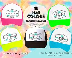 Please read below on ordering instructions: >>HOW TO ORDER: 1. Select number of hats.  2. Put colors & text you want on hats in the personalization section- see first photo for text options! 3. Add all to cart! >>PROOFS: STRICT POLICY- sorry no proofs, the order will look like the main first photo just with your information. >>SHIPPING: FREE SHIPPING ON 35$ OR MORE DISCOUNT AUTOMATICALLY APPLIED AT CHECKOUT NO COUPON CODE NEEDED Please Read- Shipping Information: USPS has had budget cuts and are Customizable Summer Hats For Birthday, Customizable Summer Birthday Hats, Customizable Summer Hats For Birthdays, Bachelorette Hats, Birthday Hats, Christmas Baby Announcement, Baby Christmas Photos, Custom Trucker Hats, Personalized Hats