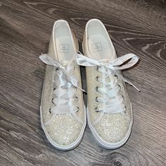 Brand New - Never Worn David's Bridal Sparkle Glitter Sneakers Size 8 Purchased For My Wedding And Winded Up Going A Different Route. They Were Delivered Like This, Without A Box. (There Was A Sticker On The Bottom As The Tag, But It Fell Right Off When I Received Them) Spring Glitter Lace-up Sneakers, Sparkling Lace-up Synthetic Sneakers, Gold Glitter Lace-up Sneakers, White Lace-up Sneakers For Party, White Lace-up Party Sneakers, Spring White Glitter Sneakers, Casual White Sneakers For Party, Casual White Party Sneakers, Spring Low-top Glitter Print Sneakers