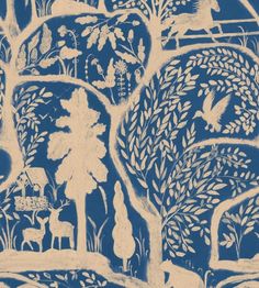 a blue and white wallpaper with trees and animals