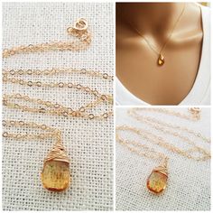 This dainty necklace is handcrafted featuring a stunning Citrine gemstone briolette, wire wrapped tightly by hand with 14k yellow gold filled jewelers wire. Adorned by a 14k yellow gold filled adorable bumblebee charm. Attached to an 18 inch gold fill cable chain with secure spring ring clasp. November Birthstone Necklace, Briolette Necklace, Gold Drop Necklace, Teardrop Jewelry, Handmade Pendant Necklace, Citrine Necklace, Labradorite Necklaces, November Birthstone, Necklace Gemstone