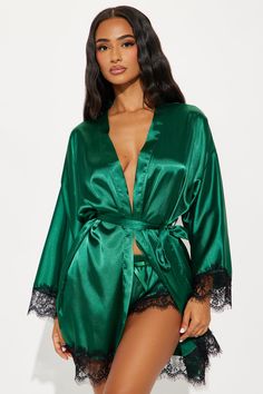 Available In Blue And Emerald. 2 Piece Robe Set Top Not Included Long Sleeve Robe Tie Waist Matching Shorts Lace Trim Non Stretch Final Sale 97% Polyester 3% Spandex Imported | Special Lover Satin Lace PJ 2 Piece Robe Short Set in Emerald size 1X by Fashion Nova Cami Mendes, Sleepwear Fashion, Halloween Top, Lace Trim Shorts, Sweater Jumpsuit, Sleepwear Robe, Short Set, Lingerie Sleepwear, Short Sets