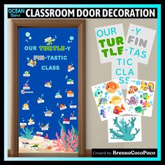 an ocean classroom door decoration with pictures on it and the words our turtle - tastic class