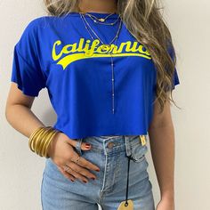 Blue California Crop Tee | True To Size S M L Check Out Our Ig: @V.Boutiquepr Trendy Blue Summer Tops, Summer Blue Crop Top With Graphic Print, Blue Graphic Print Crop Top For Summer, Blue Graphic Tee For Spring, Blue Graphic Print Crop Top For Spring, Blue Graphic Cotton Crop Top, Spring Blue Graphic Print Crop Top, Trendy Blue T-shirt For Spring, Spring Graphic Print Blue Crop Top